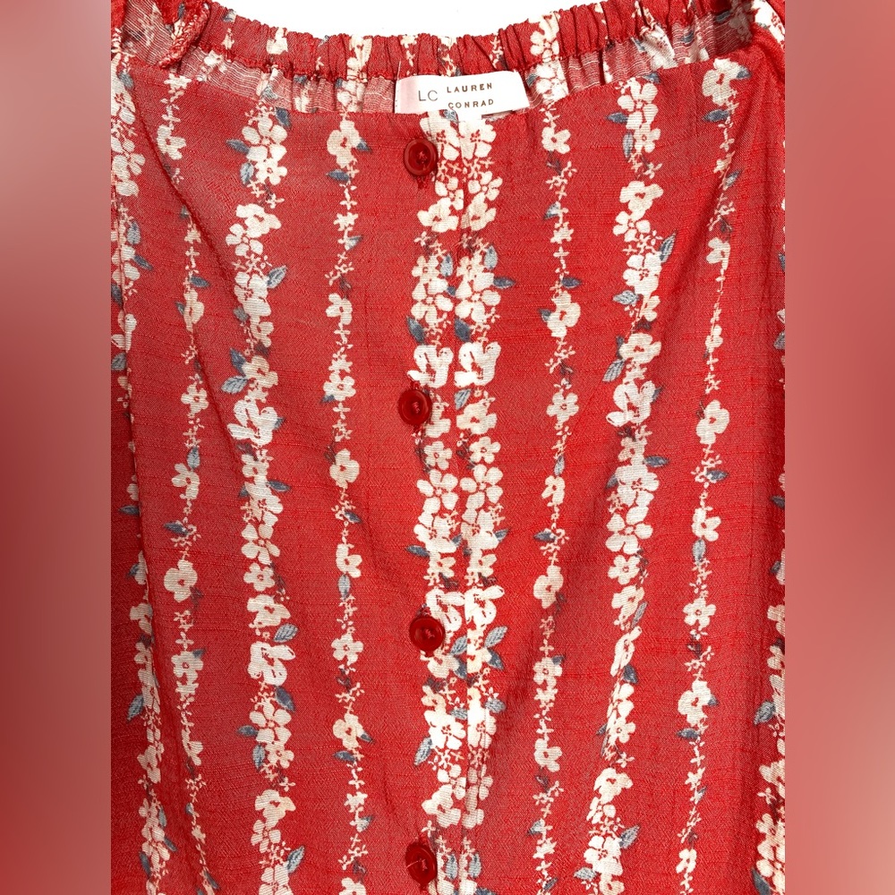 Lauren Conrad Red Floral Button-Up Short Sleeve Top/Blouse Tie Sleeve Size M - Picture 3 of 11